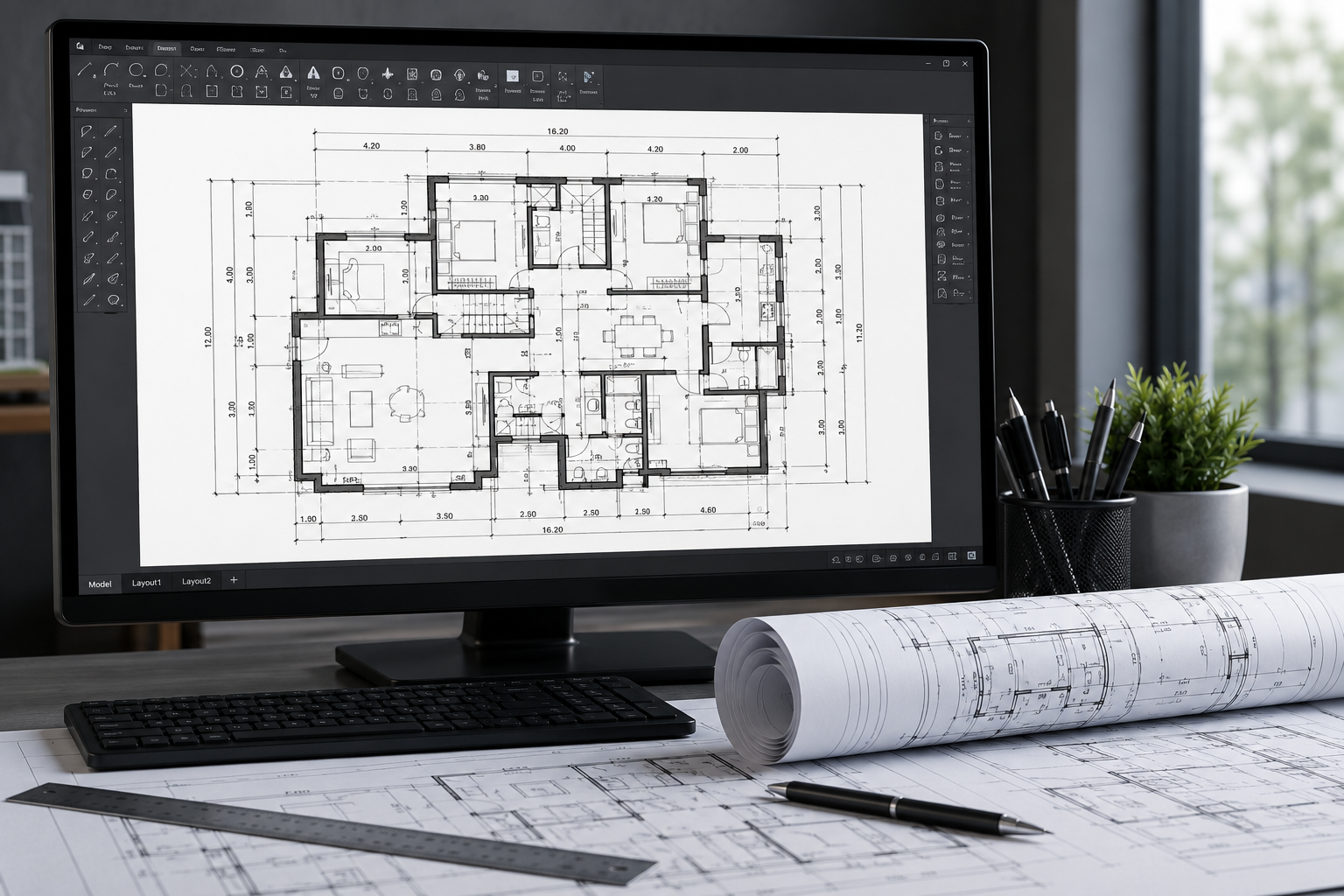 AutoCAD floor plan on a monitor